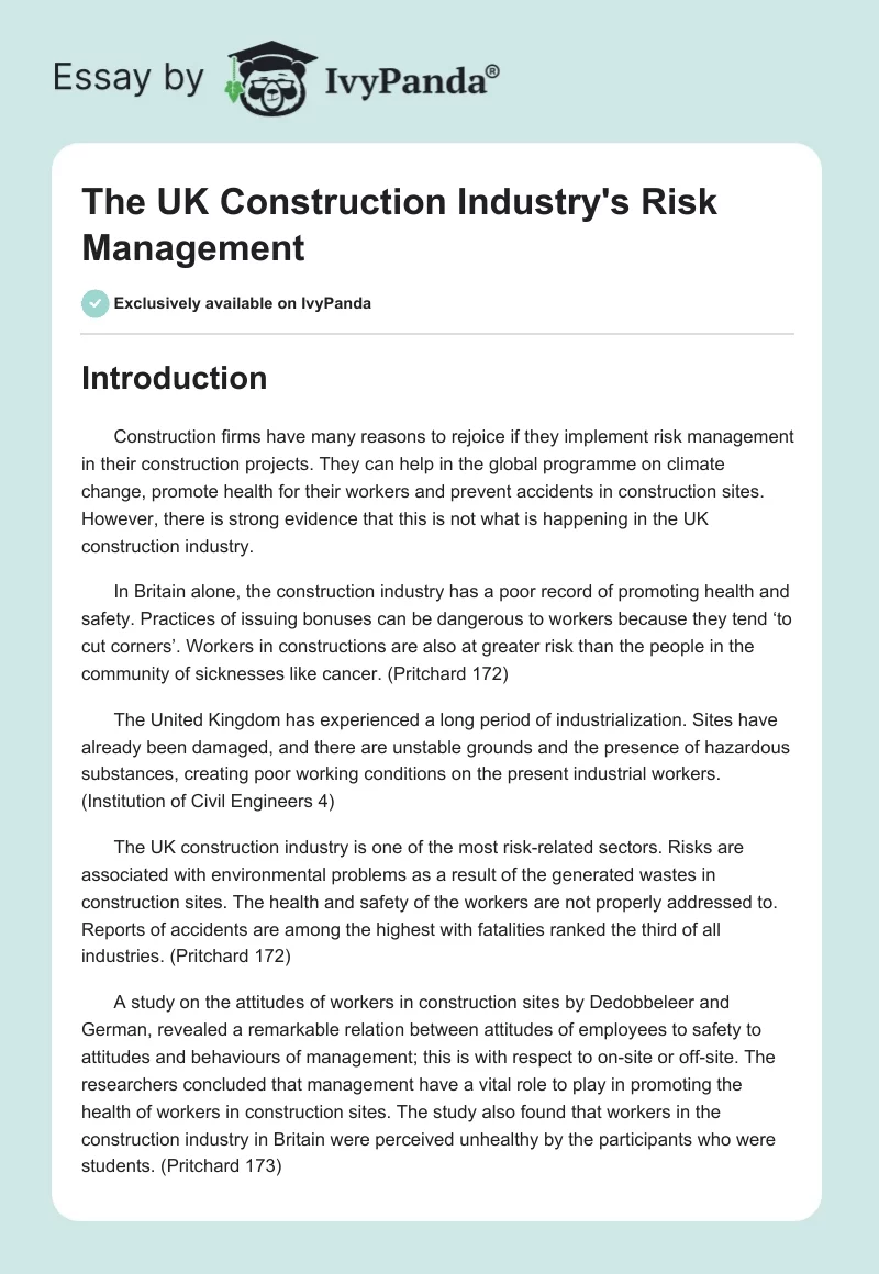 The UK Construction Industry's Risk Management. Page 1