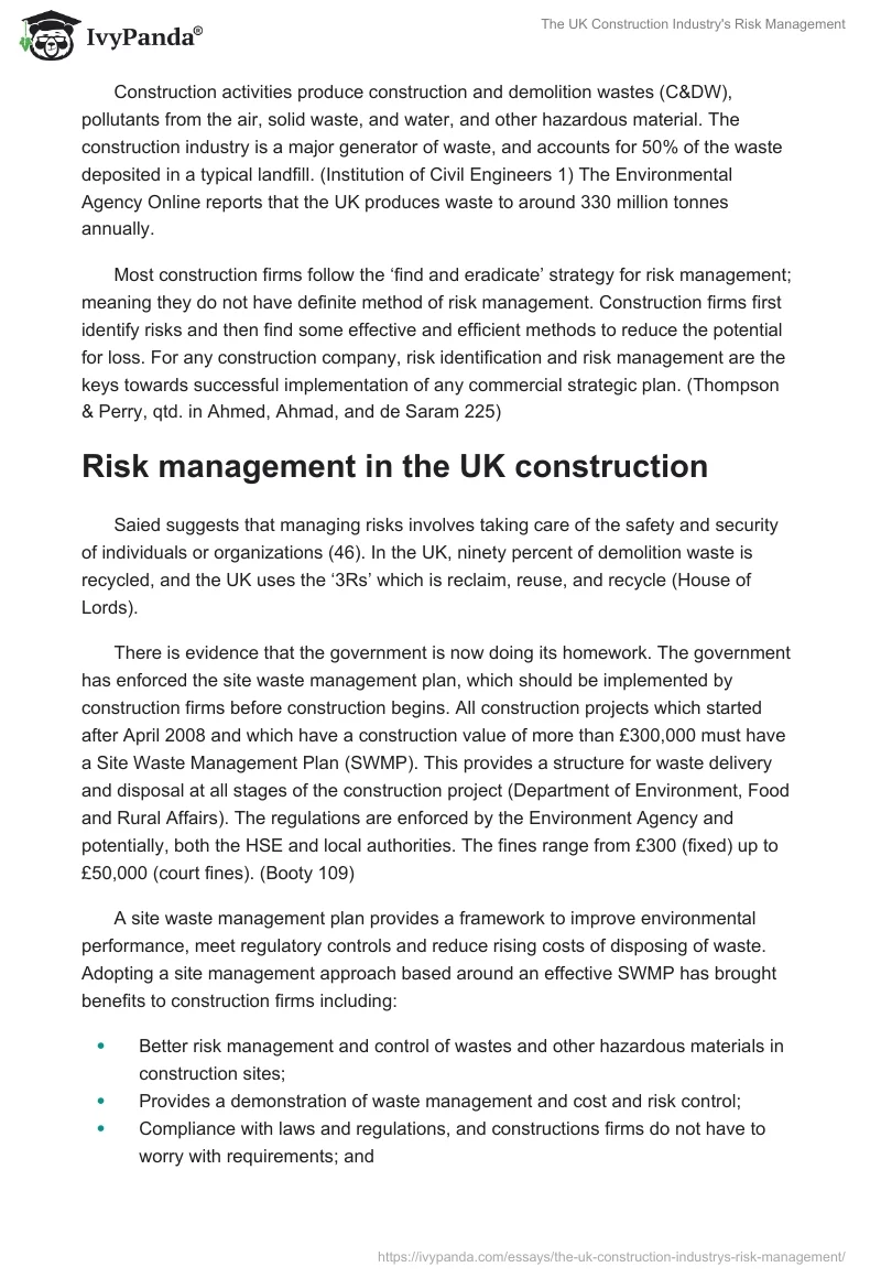 The UK Construction Industry's Risk Management. Page 2