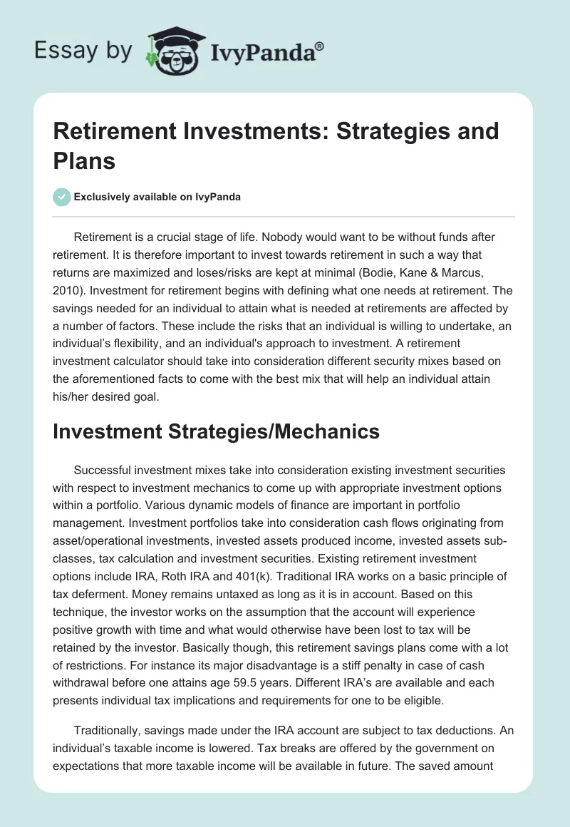 Retirement Investments: Strategies and Plans. Page 1