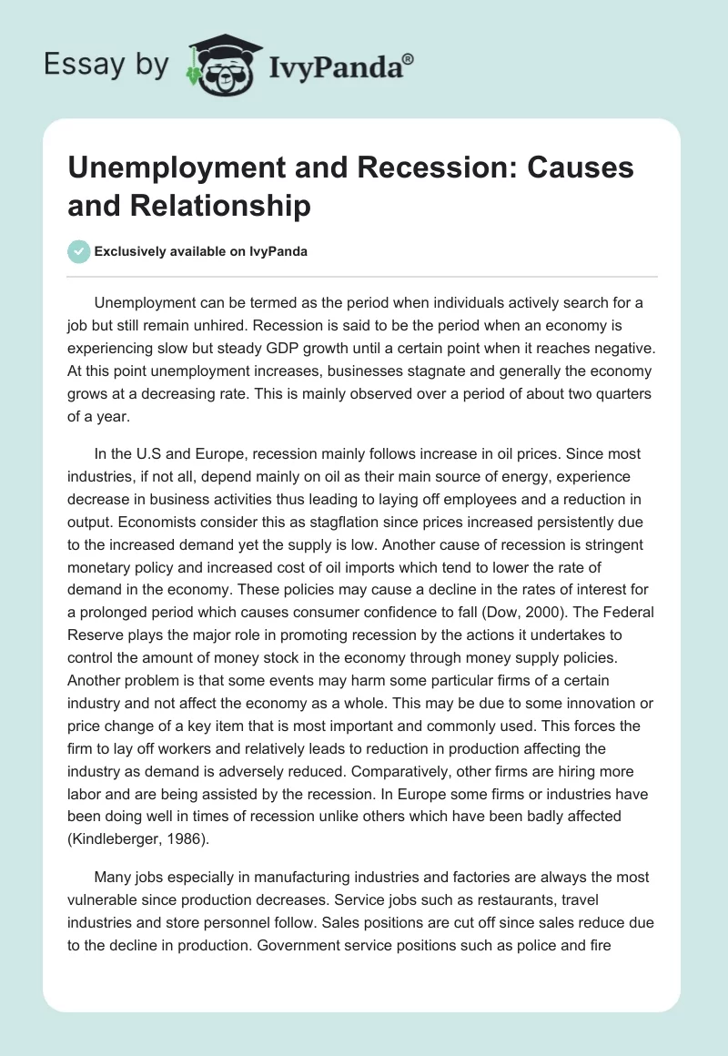 Unemployment and Recession: Causes and Relationship. Page 1