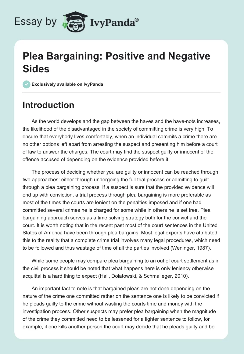 Plea Bargaining: Positive and Negative Sides. Page 1