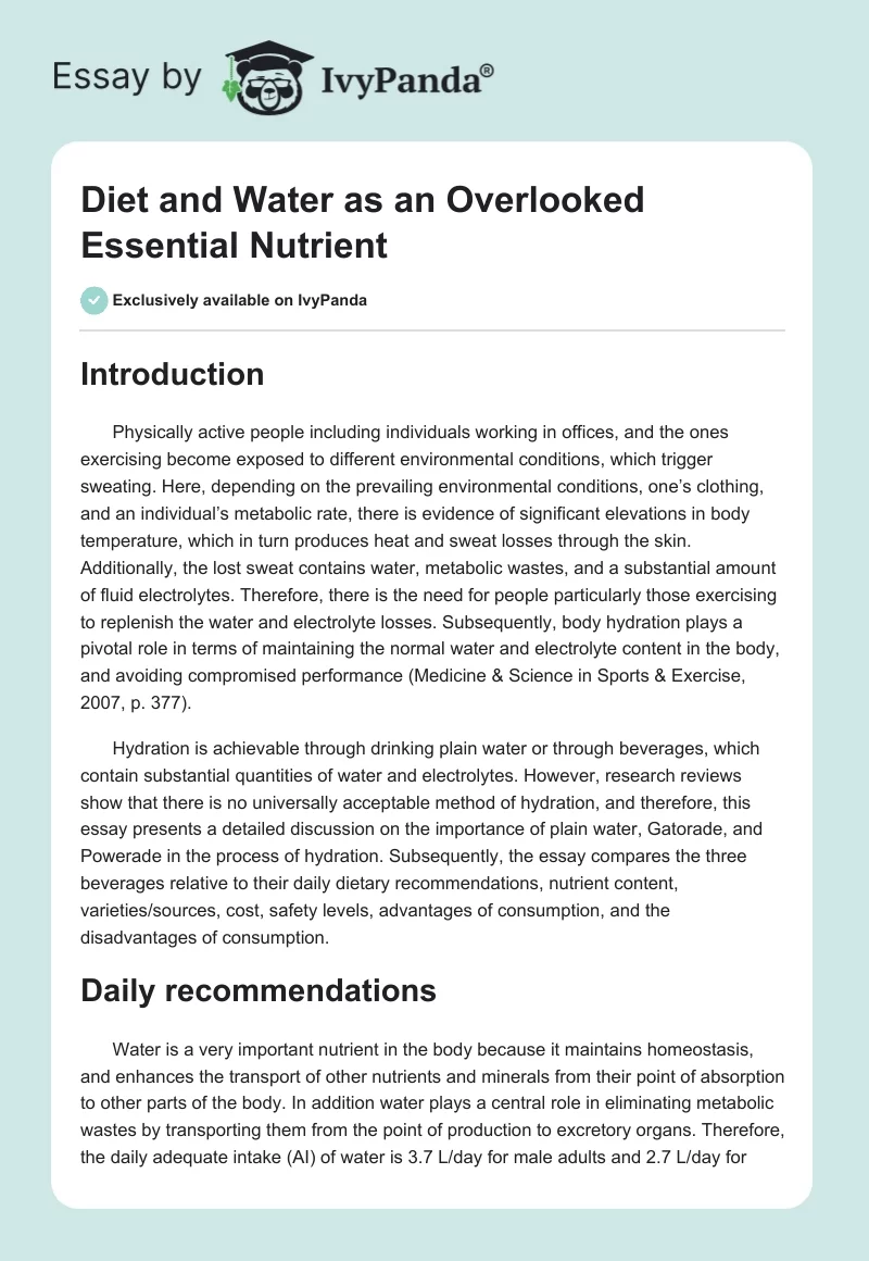Diet and Water as an Overlooked Essential Nutrient. Page 1