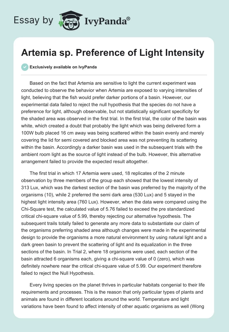 Artemia sp. Preference of Light Intensity. Page 1