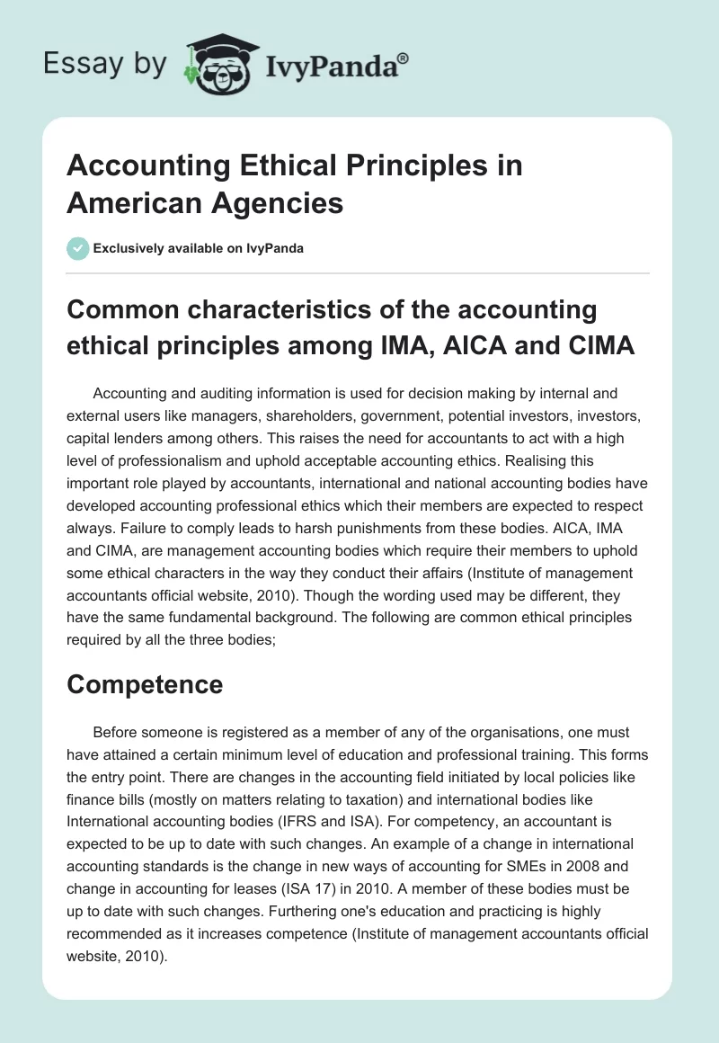 Accounting Ethical Principles in American Agencies. Page 1