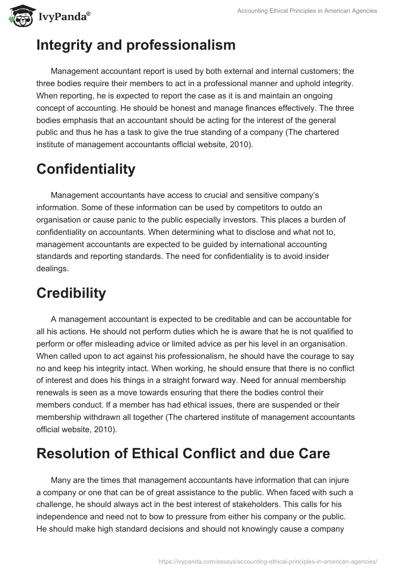 Accounting Ethical Principles in American Agencies. Page 2