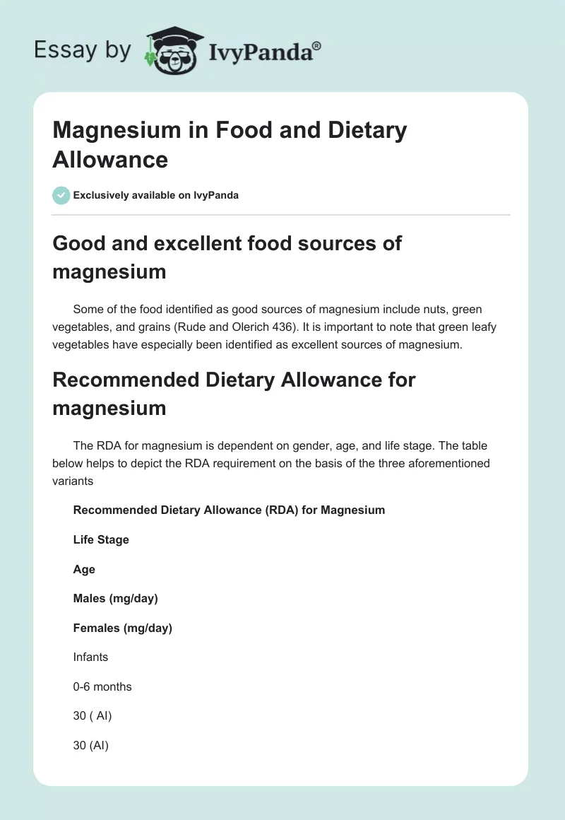 Magnesium in Food and Dietary Allowance. Page 1