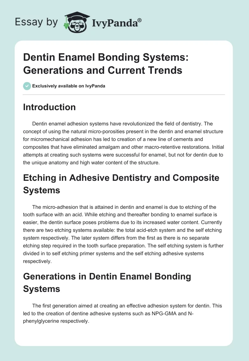 Dentin Enamel Bonding Systems: Generations and Current Trends. Page 1