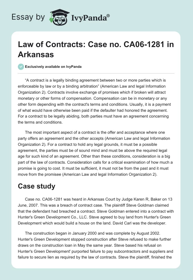 Law of Contracts: Case No. CA06-1281 in Arkansas. Page 1