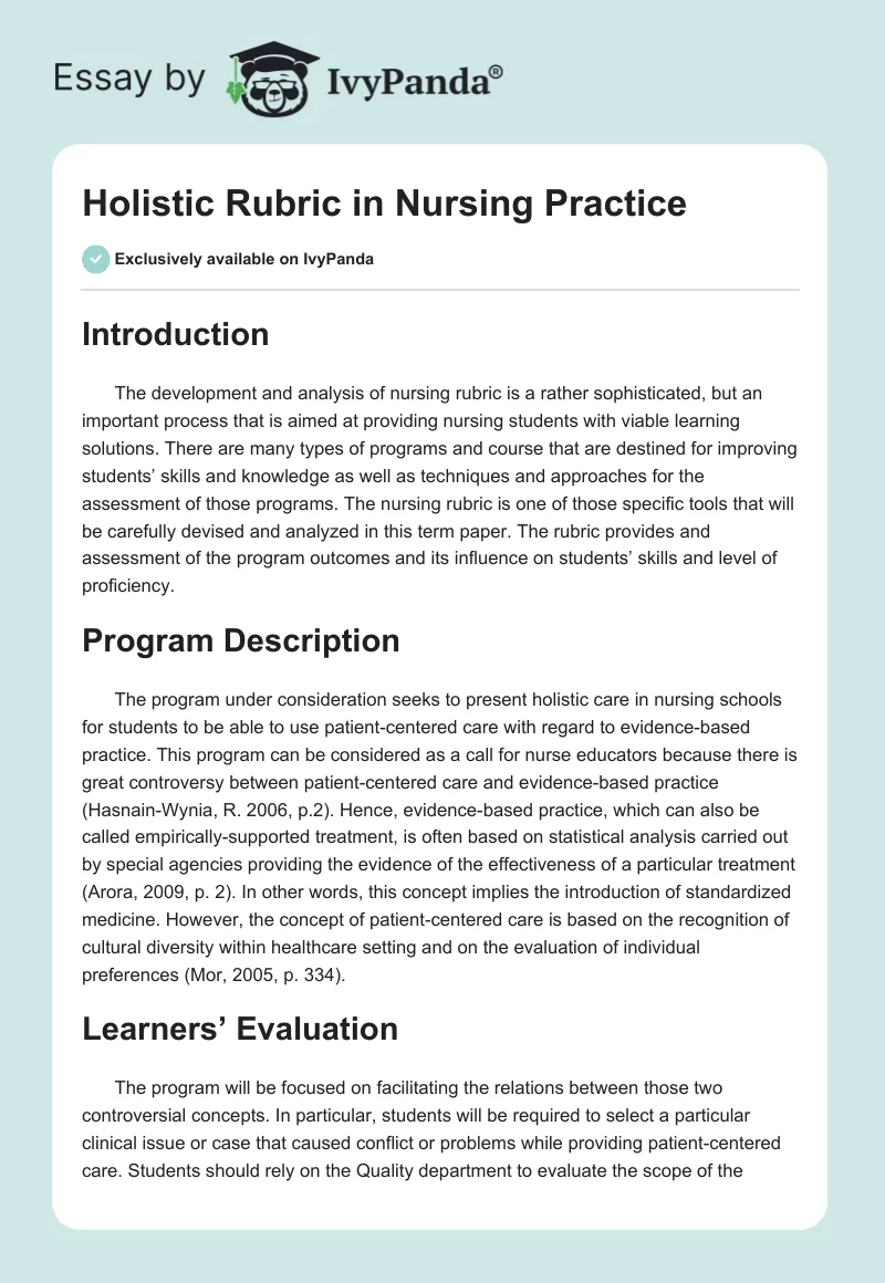 Holistic Rubric in Nursing Practice. Page 1