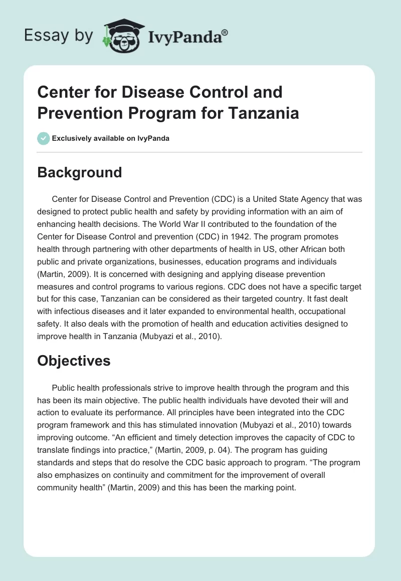 Center for Disease Control and Prevention Program for Tanzania. Page 1