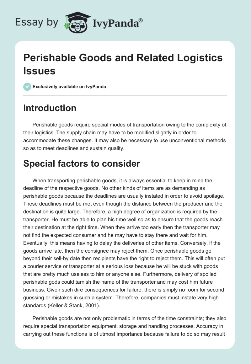 Perishable Goods and Related Logistics Issues. Page 1