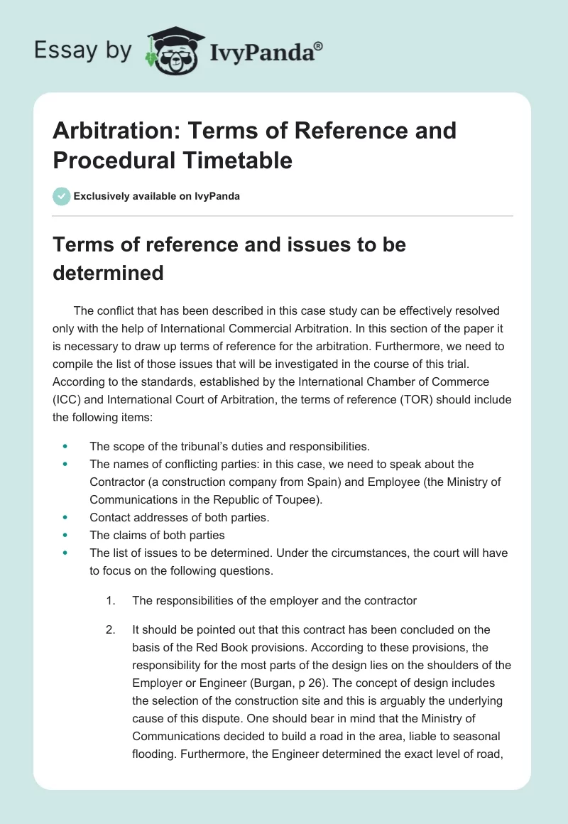 Arbitration: Terms of Reference and Procedural Timetable. Page 1