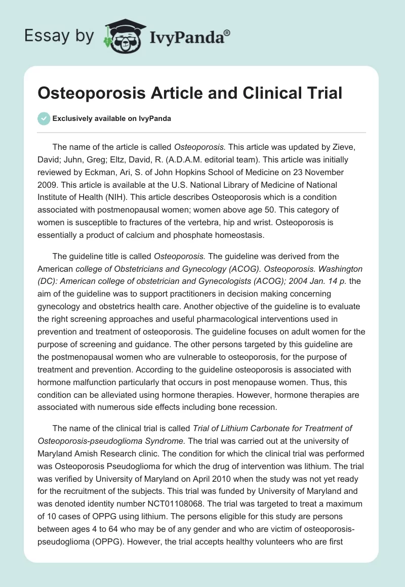 Osteoporosis Article and Clinical Trial. Page 1