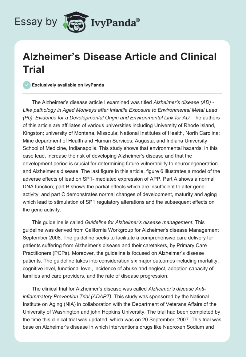 Alzheimer’s Disease Article and Clinical Trial. Page 1