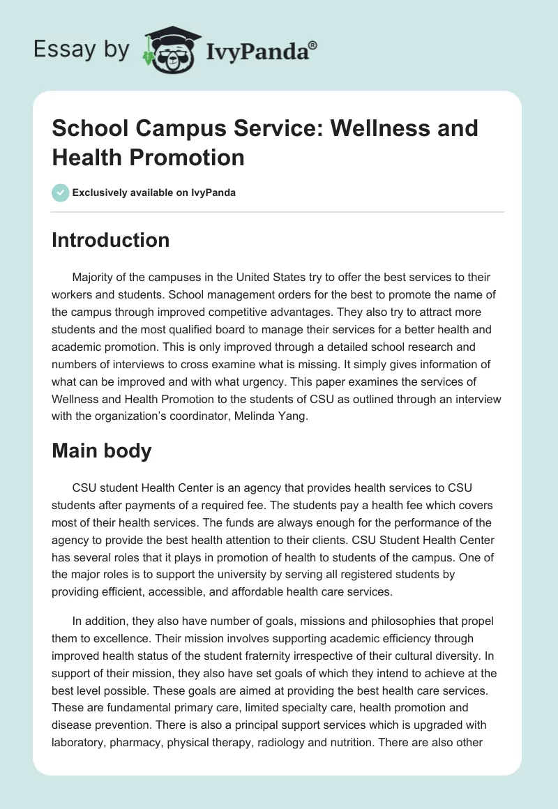 School Campus Service: Wellness and Health Promotion. Page 1