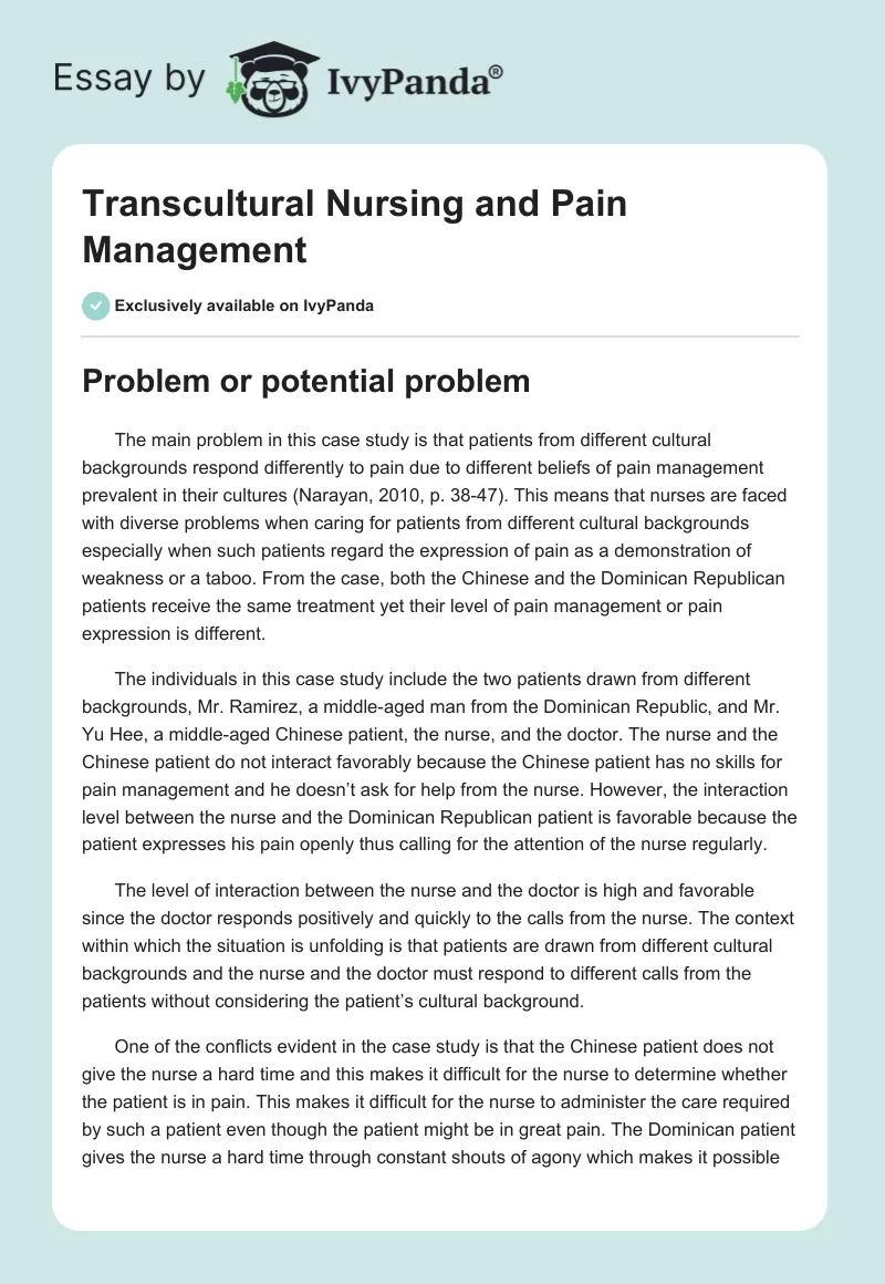 Transcultural Nursing and Pain Management. Page 1