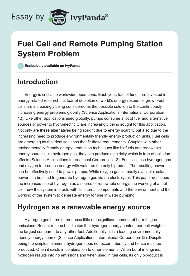 Fuel Cell and Remote Pumping Station System Problem. Page 1