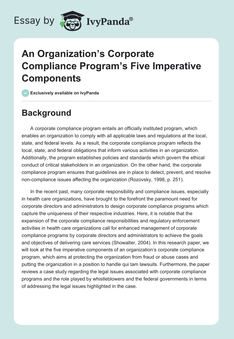 An Organization’s Corporate Compliance Program’s Five Imperative Components. Page 1