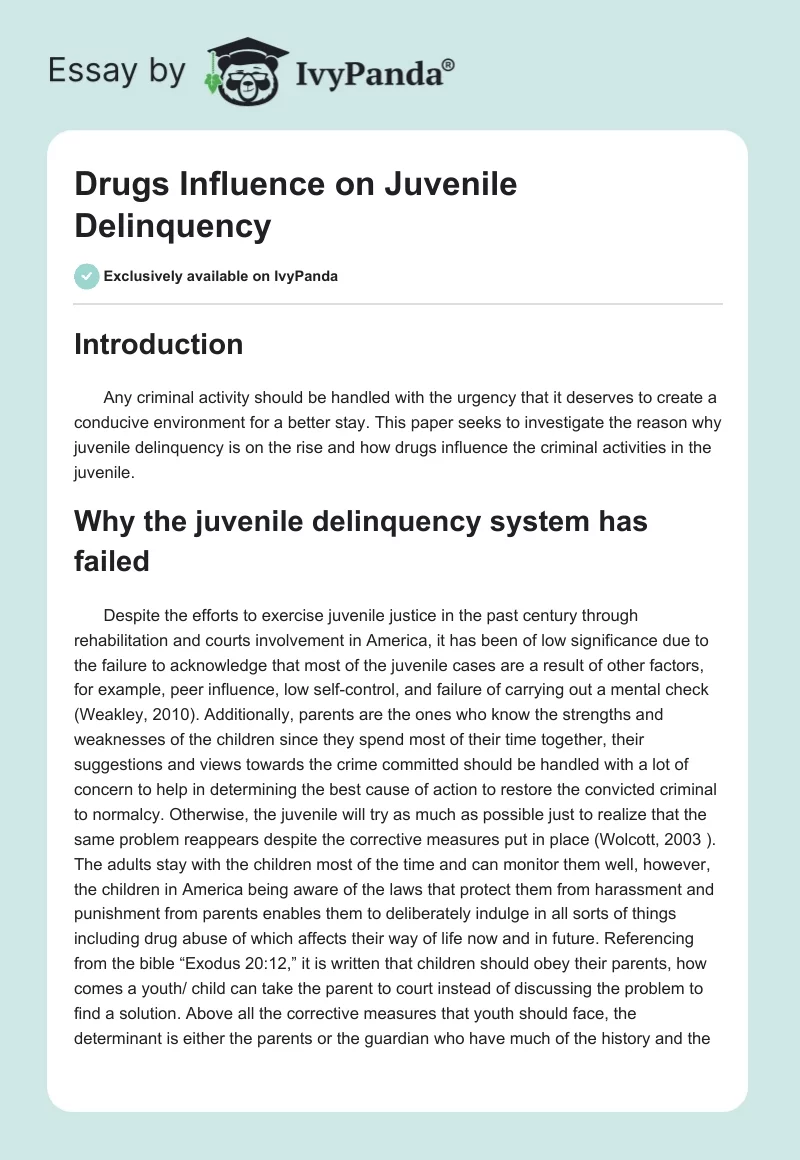 Drugs Influence on Juvenile Delinquency. Page 1