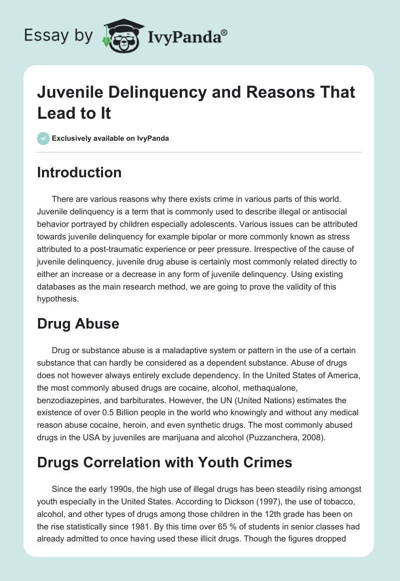 Juvenile Delinquency and Reasons That Lead to It. Page 1