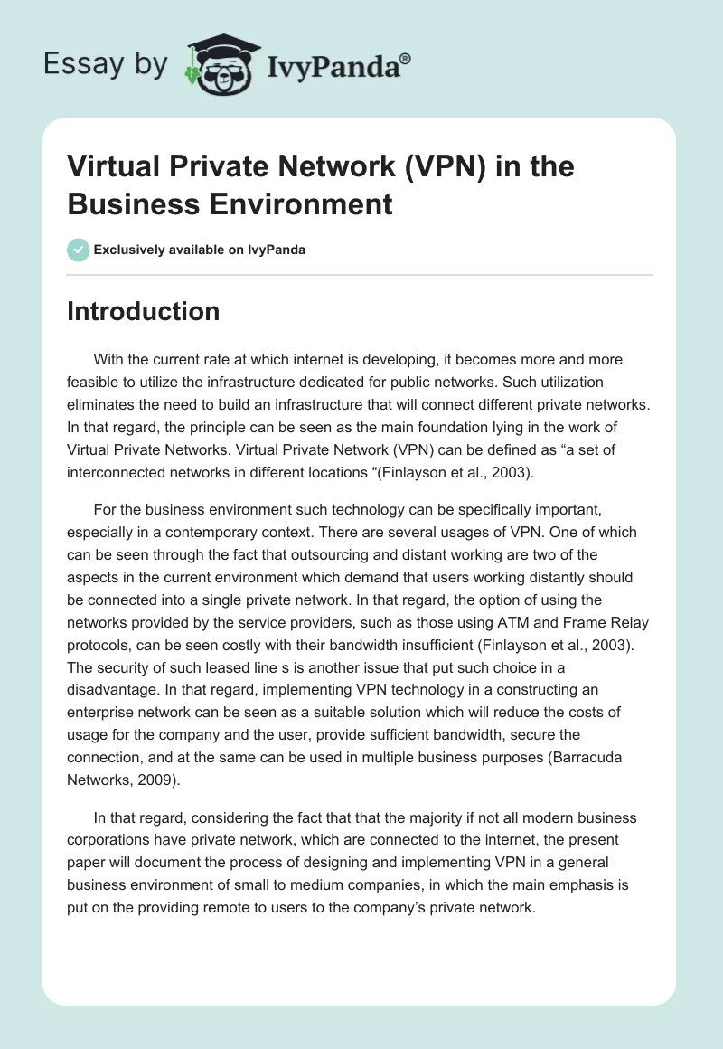 Virtual Private Network (VPN) in the Business Environment. Page 1