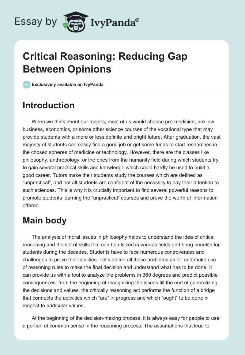 Critical Reasoning: Reducing Gap Between Opinions. Page 1