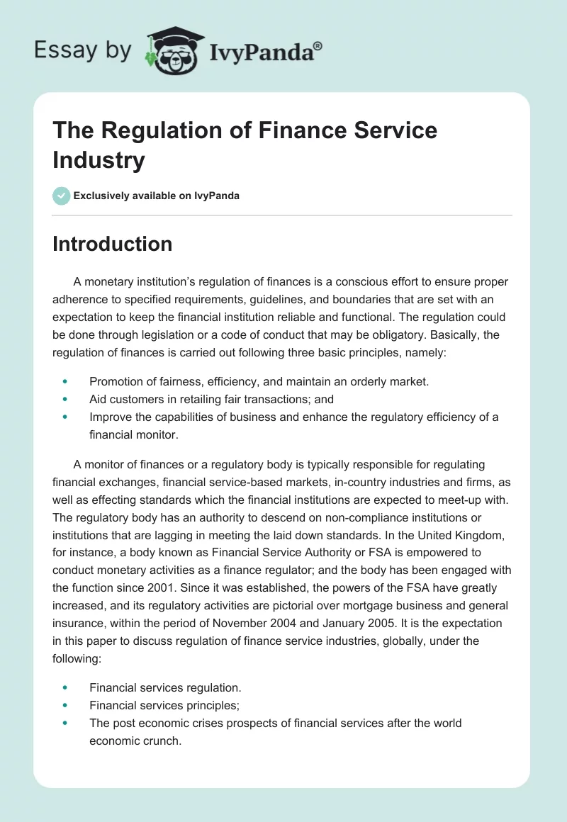 The Regulation of Finance Service Industry. Page 1