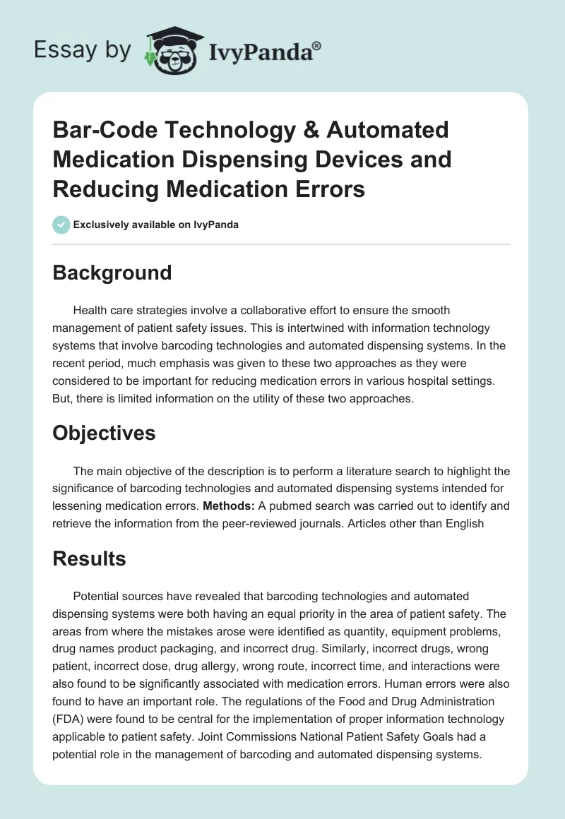 Bar-Code Technology & Automated Medication Dispensing Devices and Reducing Medication Errors. Page 1