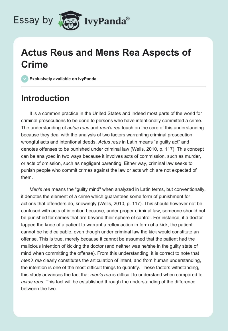 Actus Reus and Mens Rea Aspects of Crime. Page 1