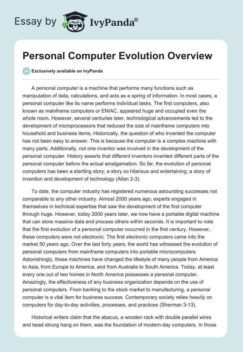 Personal Computer Evolution Overview. Page 1