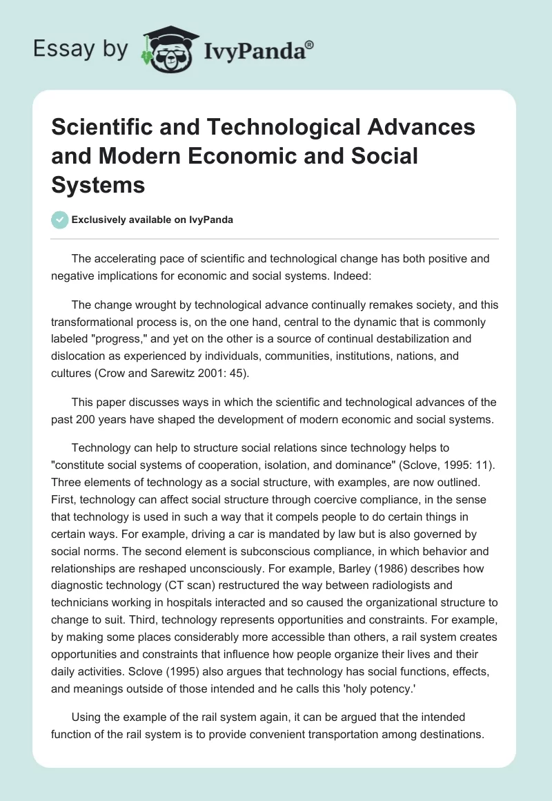 Scientific and Technological Advances and Modern Economic and Social Systems. Page 1