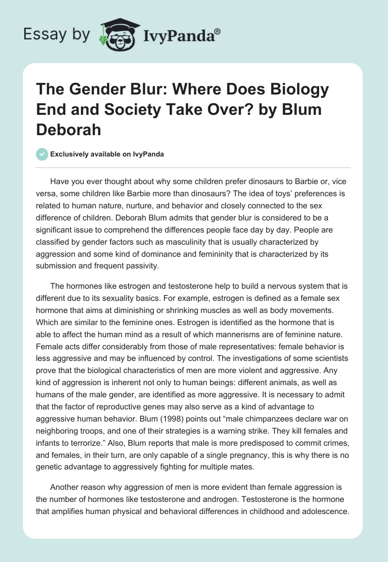 "The Gender Blur: Where Does Biology End and Society Take Over?" by Blum Deborah. Page 1