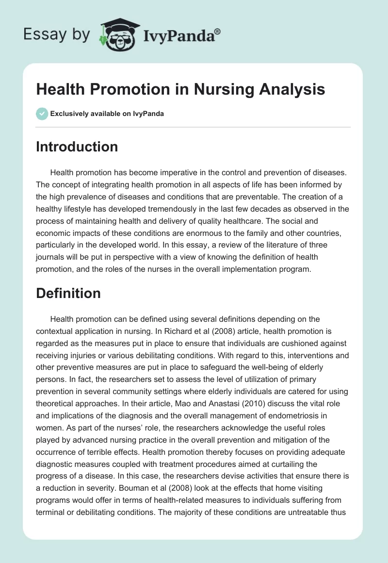 Health Promotion in Nursing Analysis. Page 1