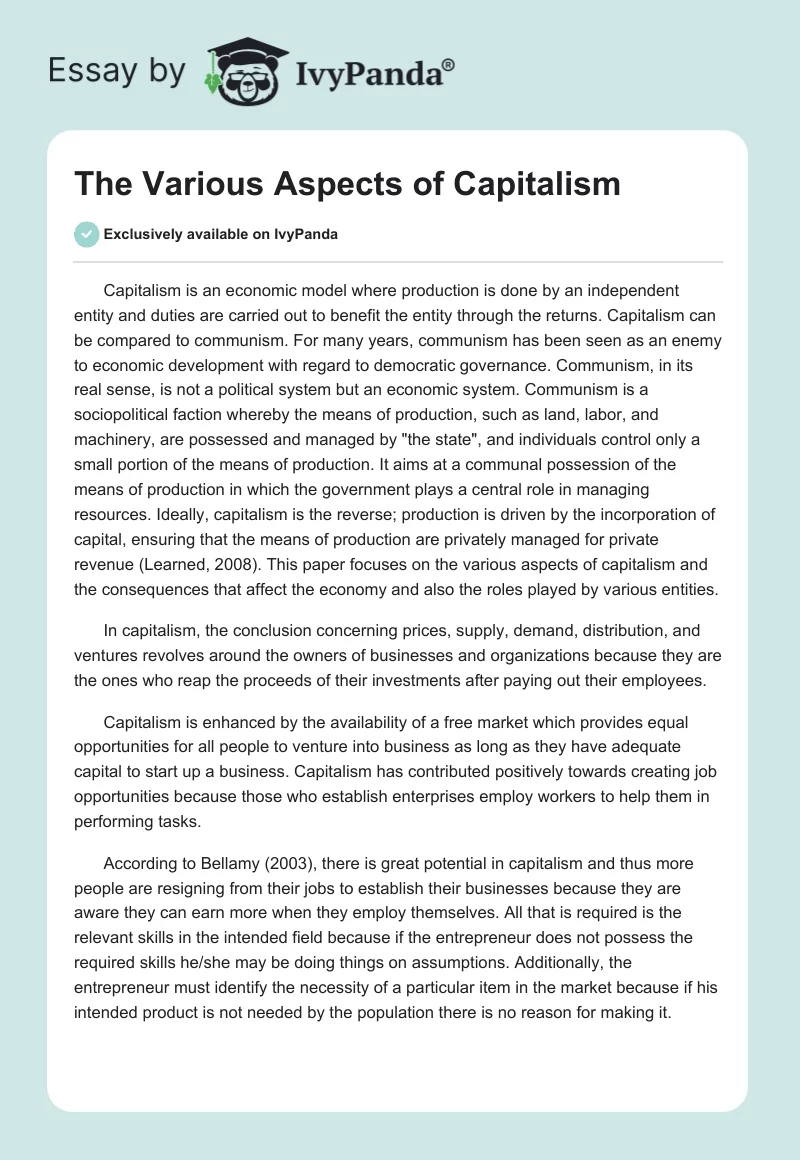 The Various Aspects of Capitalism. Page 1