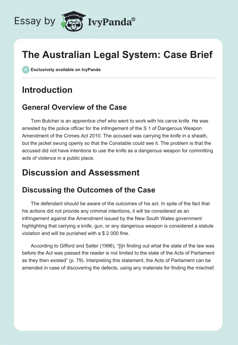 The Australian Legal System: Case Brief. Page 1