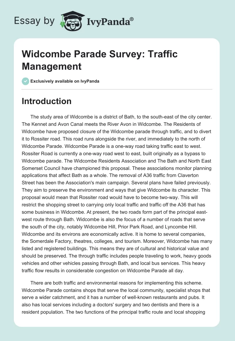 Widcombe Parade Survey: Traffic Management. Page 1