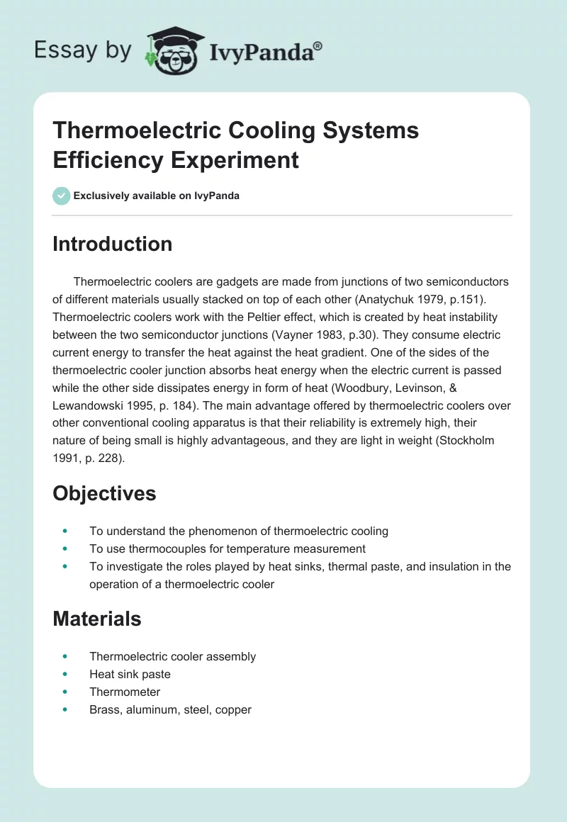 Thermoelectric Cooling Systems Efficiency Experiment. Page 1