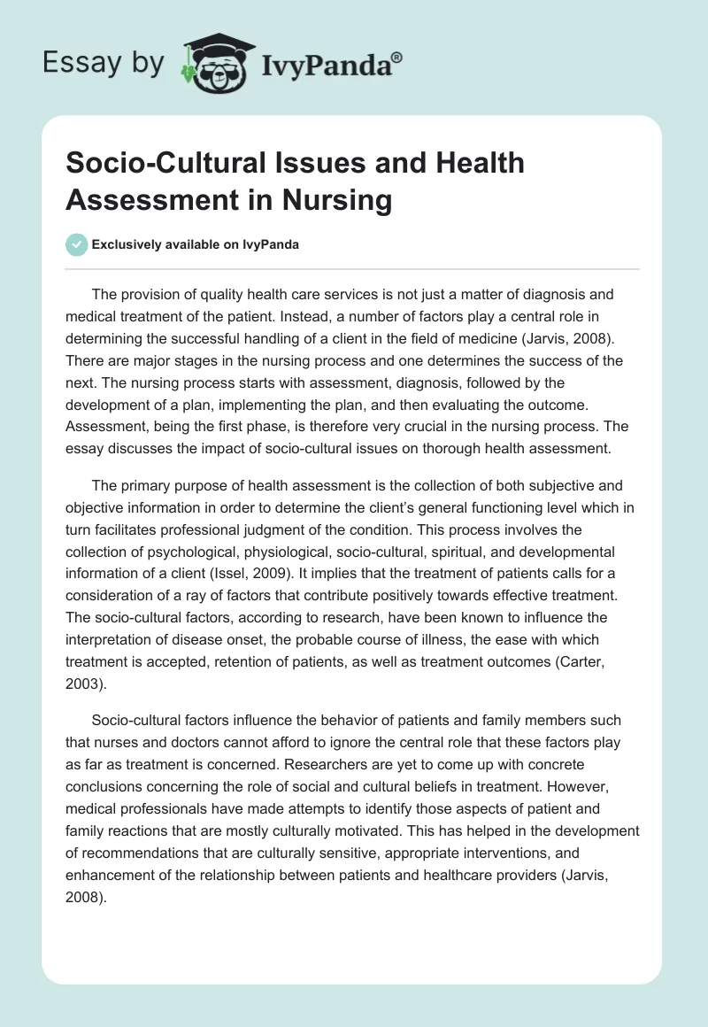 Socio-Cultural Issues and Health Assessment in Nursing. Page 1