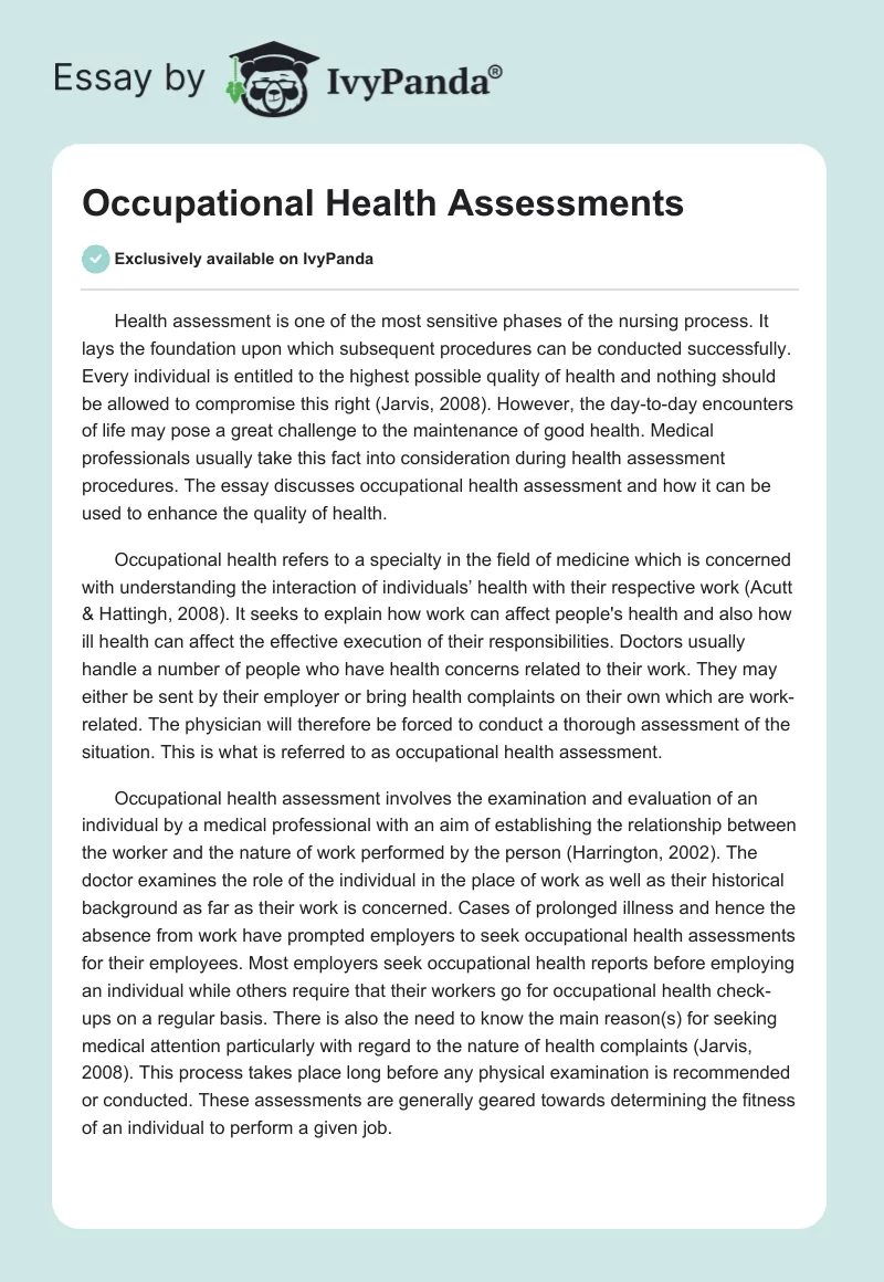 Occupational Health Assessments. Page 1
