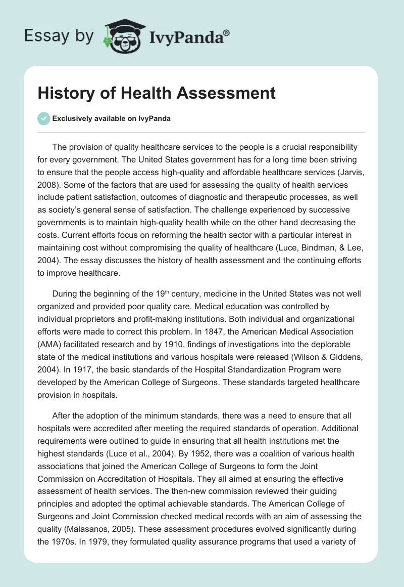 History of Health Assessment. Page 1