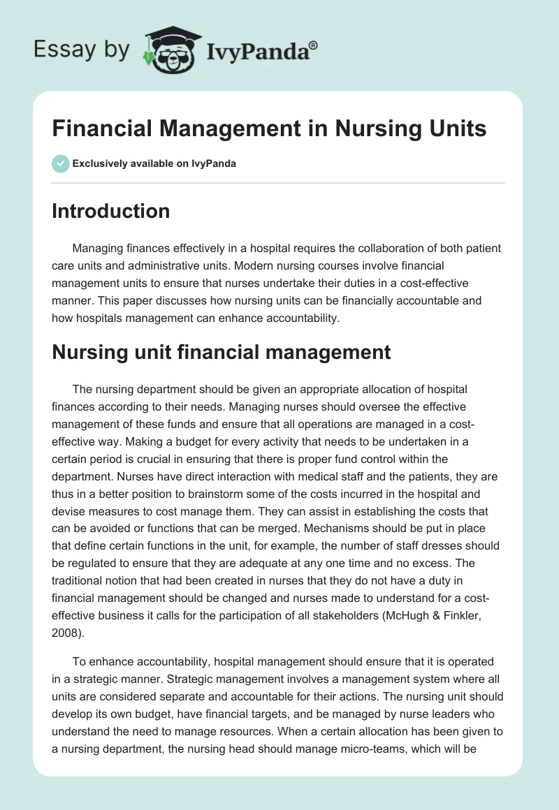 Financial Management in Nursing Units. Page 1