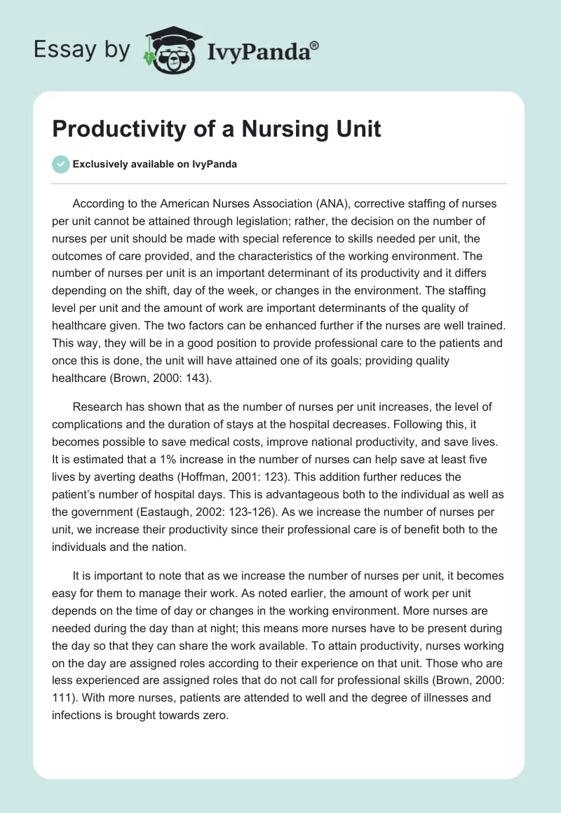 Productivity of a Nursing Unit. Page 1