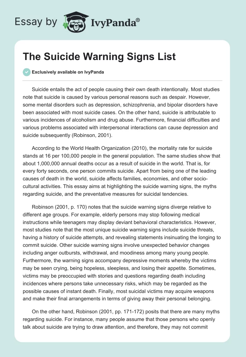 The Suicide Warning Signs List. Page 1
