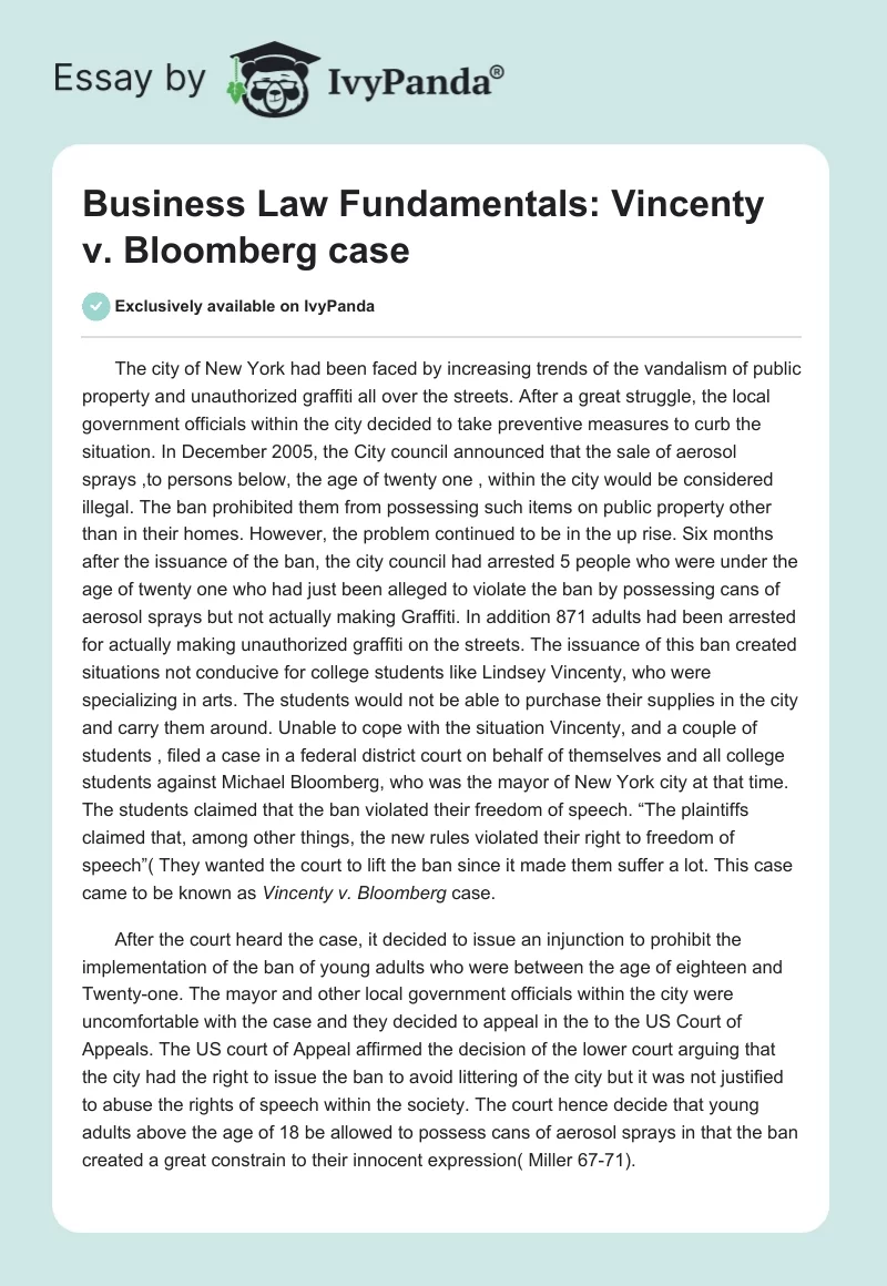 Business Law Fundamentals: Vincenty v. Bloomberg case. Page 1