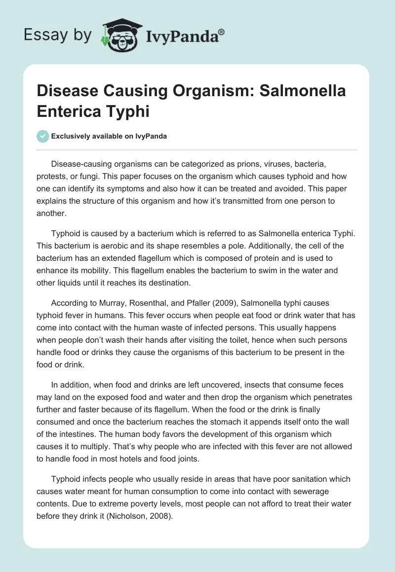 Disease Causing Organism: Salmonella Enterica Typhi. Page 1