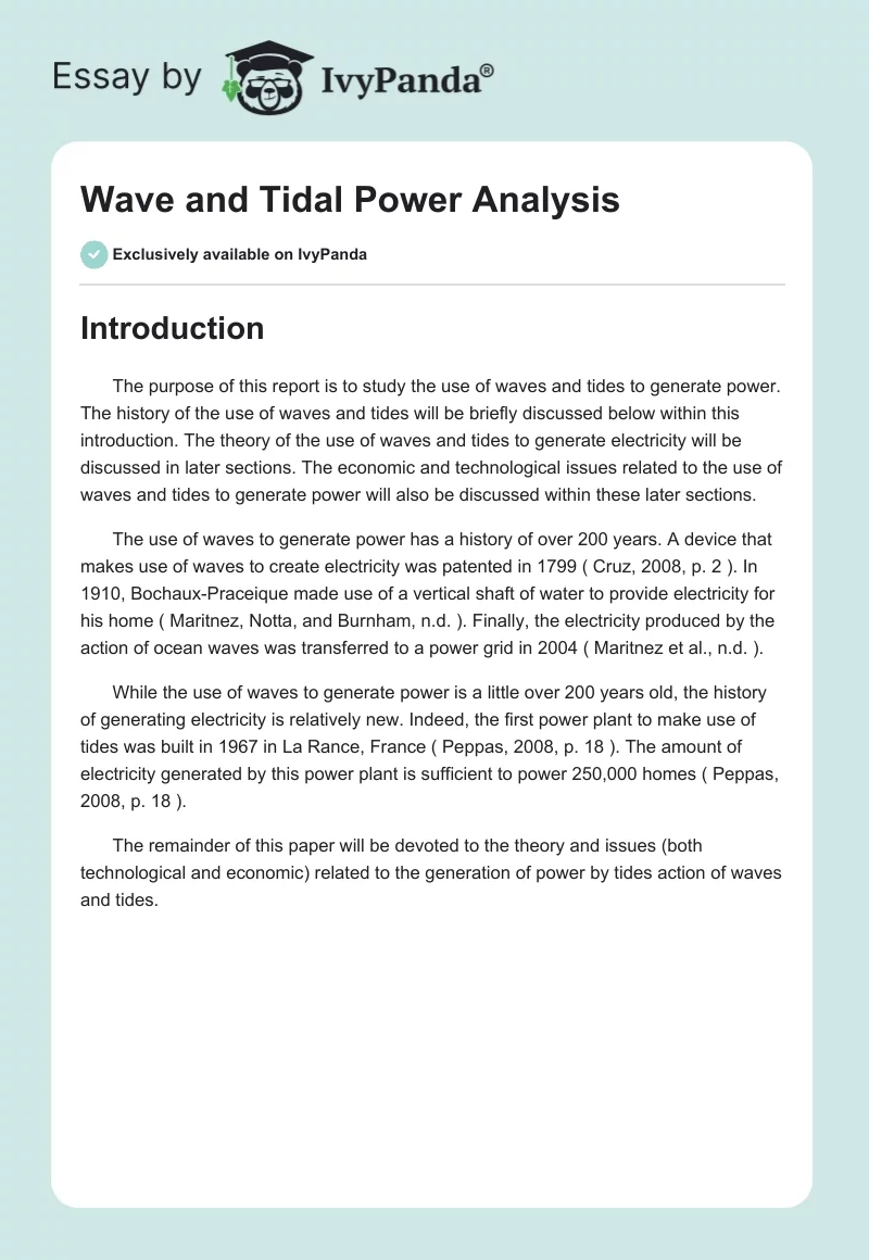 Wave and Tidal Power Analysis. Page 1
