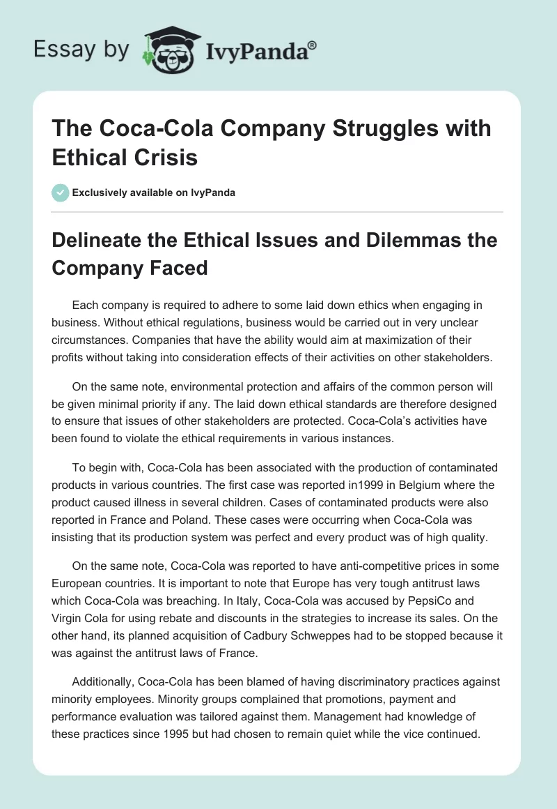 The Coca-Cola Company Struggles With Ethical Crisis. Page 1