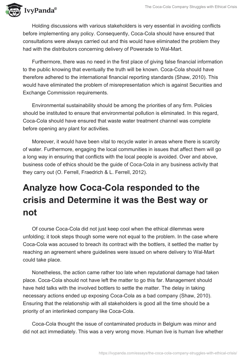 The Coca-Cola Company Struggles With Ethical Crisis. Page 4