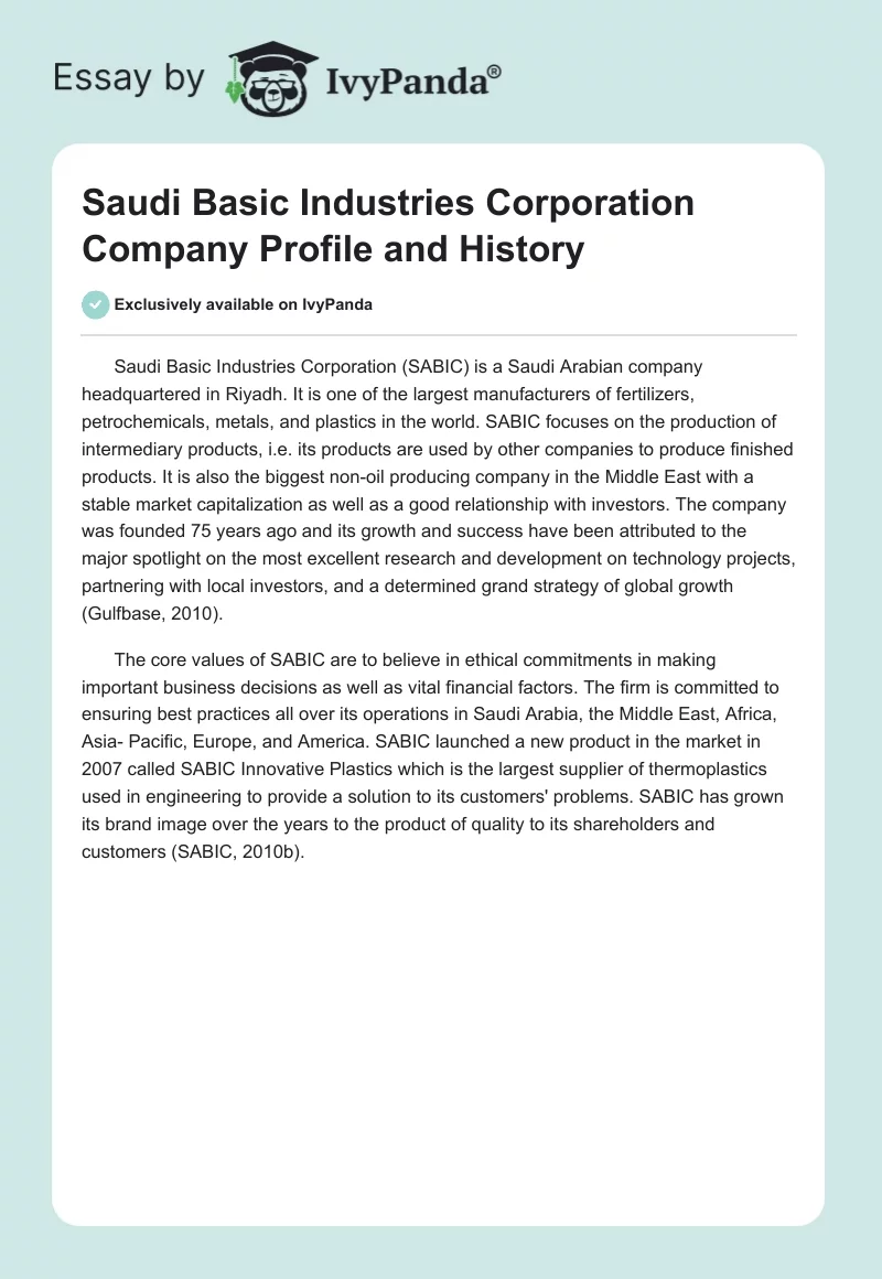 Saudi Basic Industries Corporation Company Profile and History. Page 1