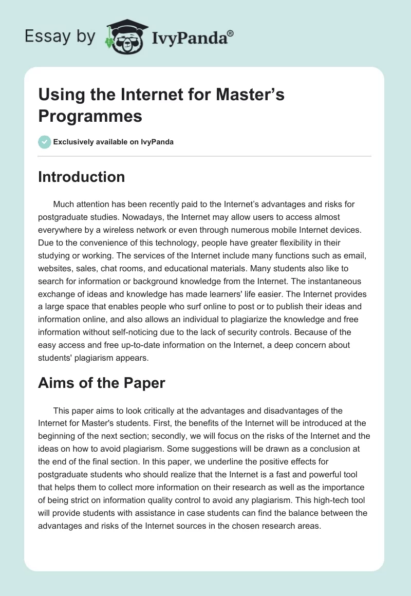 Using the Internet for Master’s Programmes. Page 1